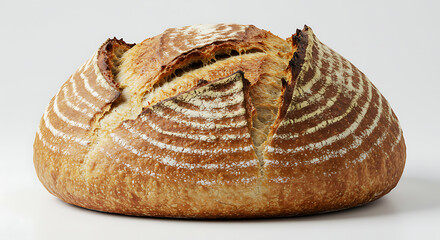 Artisan sourdough bread loaf on white background