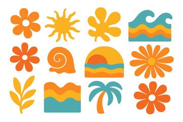 Retro 70s groovy abstract summer set. Organic floral, sea, and beach shapes. Minimal hippie 60s style vector illustration with flower power, sun, wave, and palm tree icons.