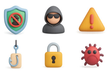 3d cybersecurity icons set featuring hacker, shield, lock, and malware warning symbols