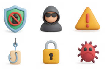 3d cybersecurity icons set featuring hacker, shield, lock, and malware warning symbols