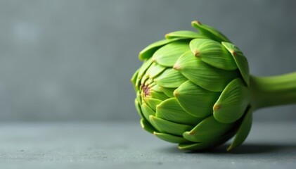 Obraz premium Single fresh artichoke, vibrant green, grey backdrop, stock photo, vegetable