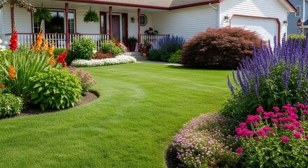 Vibrant suburban home garden showcasing lush green lawn, colorful flower beds with blooming perennials and shrubs, and manicured landscaping in a beautiful residential setting