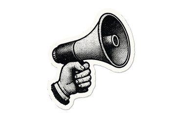 Hand holding megaphone illustration. Vintage halftone sticker for collage. Retro announcement, protest, or propaganda concept. Loudspeaker for communication, news, and alert. Vector cutout.