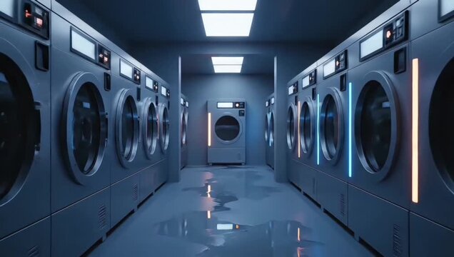 A sleek, futuristic corridor with symmetrical rows of advanced industrial washing machines, illuminated by cool neon lights