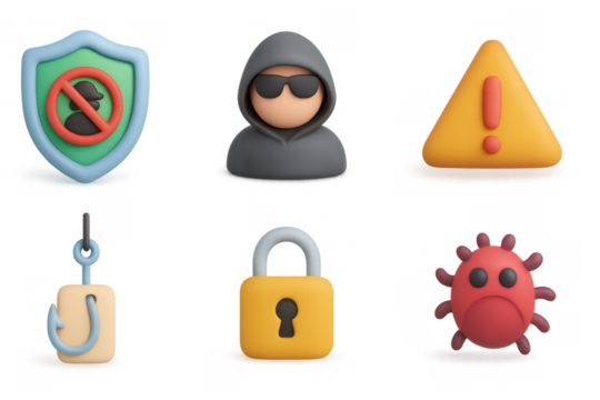 3d cybersecurity icons set featuring hacker, shield, lock, and malware warning symbols