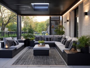 Modern outdoor seating area with a stylish black pergola, featuring a sectional sofa, gray cushions, and patterned pillows.