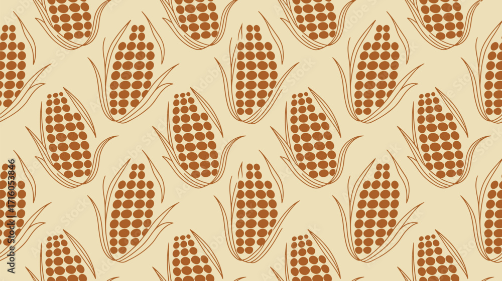 Poster repeated corn pattern with brown kernels and husks on a tan background creating a seamless design lo