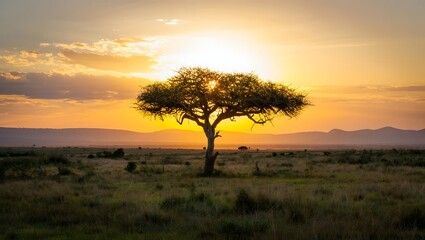 Fototapeta premium Serene african sunset with acacia tree silhouette and warm golden light in the horizon