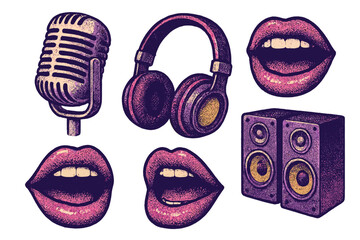 Retro disco music karaoke collage elements set. Halftone dotted grunge illustration pack. Metallic microphone, headphones, speakers, mouths. Nostalgic 80s 90s party vector.
