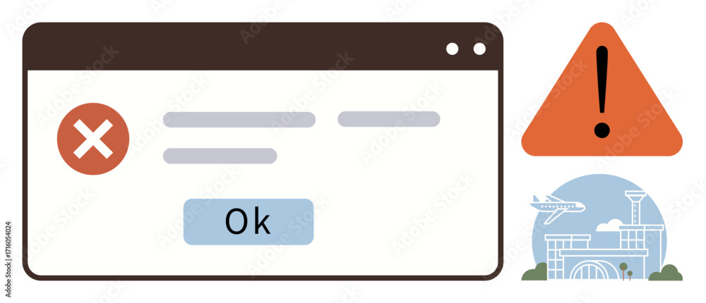 Poster error window with red cross and message, orange alert triangle, and travel-related icon. ideal for t