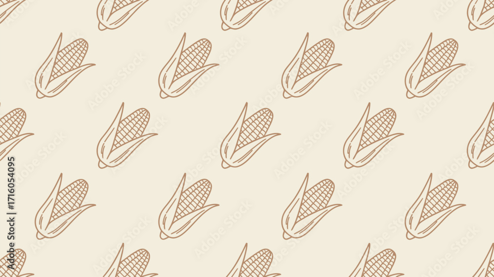 Poster a seamless pattern of corn cobs with husks in a simple line drawing style on a light beige backgroun