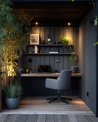 A modern, outdoor workspace with dark gray walls, wooden accents, and lush greenery creates a calming and productive atmosphere.