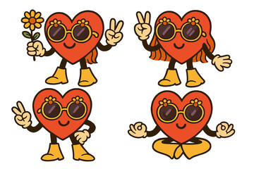 Fototapeta premium Groovy Valentine characters set. Cute 70s comic hippie heart mascots with peace sign and flower. Retro love sticker pack collection for card design. Cartoon vector illustration.