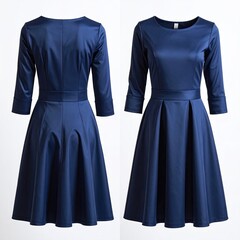 Navy blue, satin-like, knee-length dress with three-quarter sleeves, a defined waist, and a flared skirt.  Front and back views shown