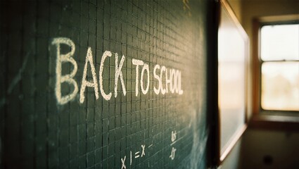 Back to School Chalk Grid Board with Equations, Wooden Window Frame and Warm Light Math Classroom Background
