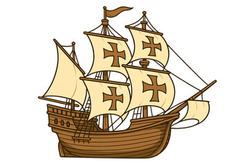 Cartoon vector illustration of a historic sailing ship. Ancient caravel for sea exploration and discovery. Maritime vessel like Columbus's Santa Maria with cross sails.