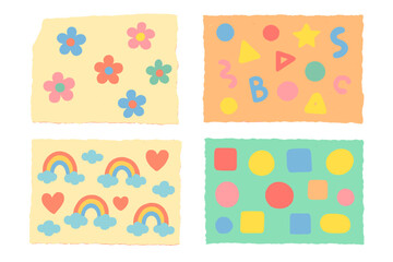 Torn paper collection with childish patterns. Ripped craft paper for scrapbooking. Colorful collage elements with flowers, rainbows, alphabet letters, and geometric shapes.