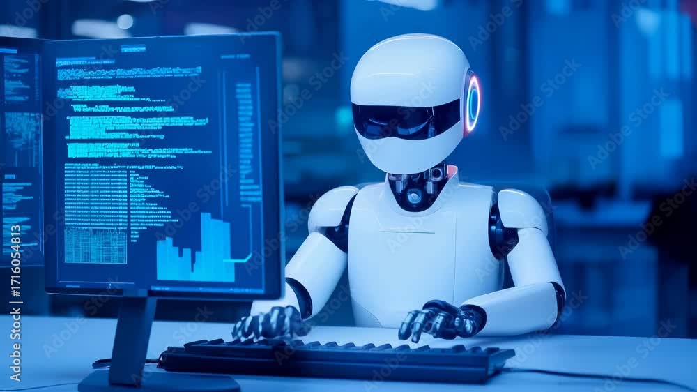 Poster white humanoid robot with rounded head and glowing circular details sits at computer workstation, an