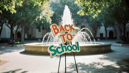 Back to School Colorful Foam Core Sign on Metal Stand, Courtyard Fountain and Green Trees Campus Background