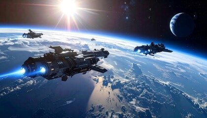 Futuristic space cruisers soar above a vibrant blue and brown planet with a bright sunburst in a digital, cinematic rendering
