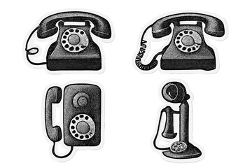 Vintage rotary phone and retro push-button telephone set. Halftone dot style communication icons. Old fashioned handset collage paper sticker element. 80s 90s nostalgia graphic.