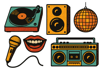 Set of retro music icons for a disco party. Vintage 70s 80s nostalgia concept. Includes vinyl turntable, speaker, boombox, microphone, disco ball and singing mouth vector.