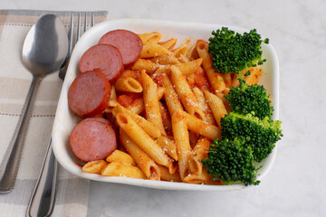 penne pasta with kielbasa  and broccoli