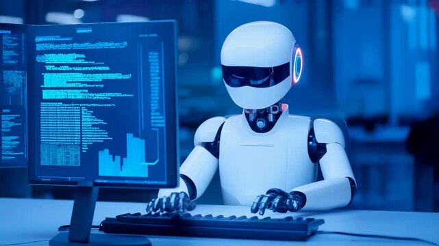 White humanoid robot with rounded head and glowing circular details sits at computer workstation, analyzing digital graphs and code on screen in blue-tinted futuristic environment