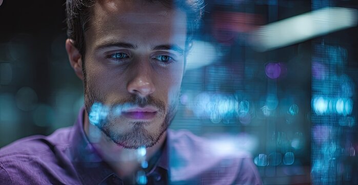 Focused Businessman Analyzing Data on Server Room Display.