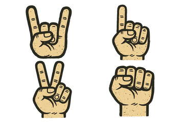 Set of grunge hand signs. Vector cartoon illustration. Rock on, peace, fist, and number one gestures. Heavy metal horns, victory sign, raised fist power symbol collection.