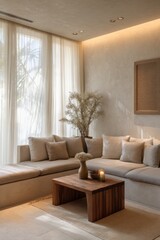 A light-filled, neutral-toned living area showcases a comfortable sectional sofa and a stylish wooden coffee table.