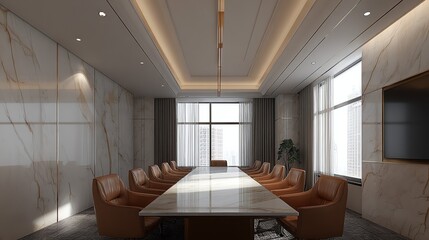 A sunlit conference room features a long marble table surrounded by comfortable leather chairs, creating a sophisticated and inviting atmosphere for collaborative meetings and discussions.