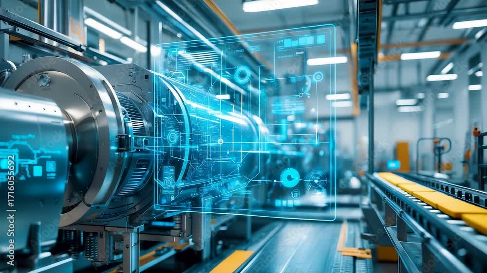 Poster high tech manufacturing machine with glowing digital hologram interface in modern factory showcasing