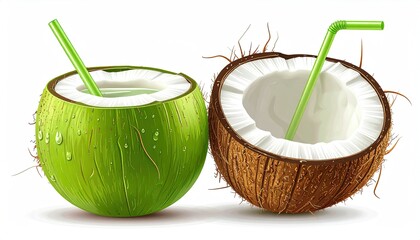 Two coconuts, one green, one brown, both halved, showing coconut water and green straws, isolated on white background