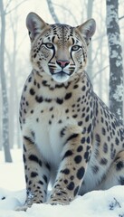 Obraz premium Majestic leopard sitting gracefully in snowy forest, showcasing stunning spotted fur amidst serene winter landscape in a tranquil environment for wildlife imagery