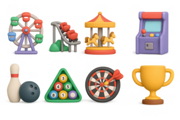 3d amusement park and arcade icons set: ferris wheel, roller coaster, prize trophy