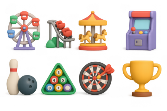 3d amusement park and arcade icons set: ferris wheel, roller coaster, prize trophy