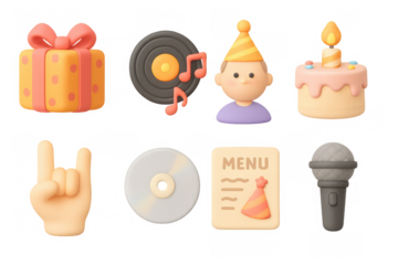 3d celebration icons: cake, gifts, and party elements in soft pastels