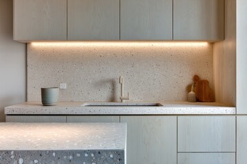 Modern kitchen with light beige cabinetry and a speckled concrete countertop, highlighting a minimalist aesthetic.
