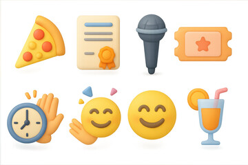 Colorful 3d emoji collection with food, awards, and entertainment icons