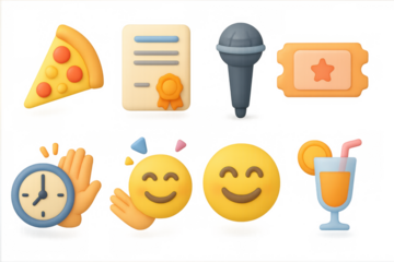 Colorful 3d emoji collection with food, awards, and entertainment icons