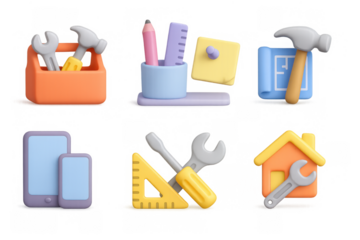 Colorful 3d tools and devices set with construction icons