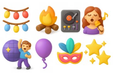 Colorful party icons - campfire, balloon, music, and dance