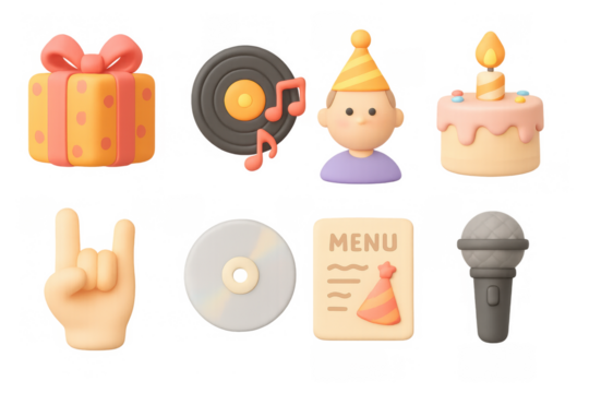 3d celebration icons: cake, gifts, and party elements in soft pastels