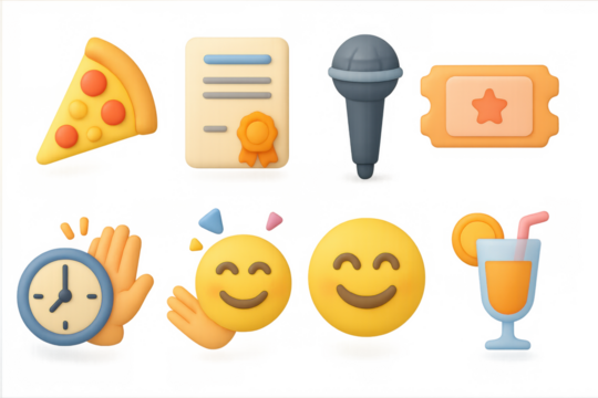 Colorful 3d emoji collection with food, awards, and entertainment icons