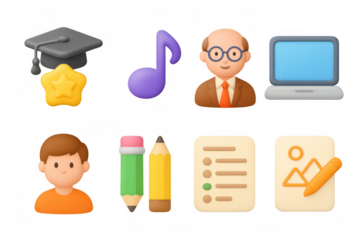 3d education and office icons: graduation, music, technology, and writing tools