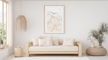 Scandinavian-Inspired Minimalist Living Room with Wooden Accents and Abstract Artwork, Wide-Angle Shot, Soft Diffused Daylight, f/4.0 Aperture, Clean and Spacious Aesthetic