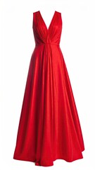 A vibrant red, sleeveless, floor-length gown with a V-neck and a gathered, twisted bodice