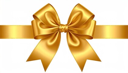 A lustrous gold satin ribbon tied in a classic bow, isolated on a white background, exhibiting a glossy sheen and sharp folds