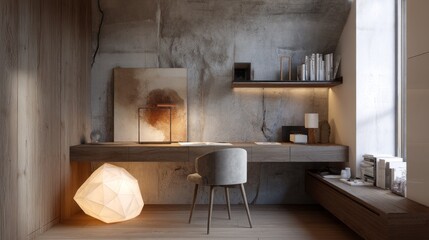 A contemporary, minimalist study corner with warm wood tones, exposed concrete, and a statement geometric lamp, showcasing a calm and inviting atmosphere.